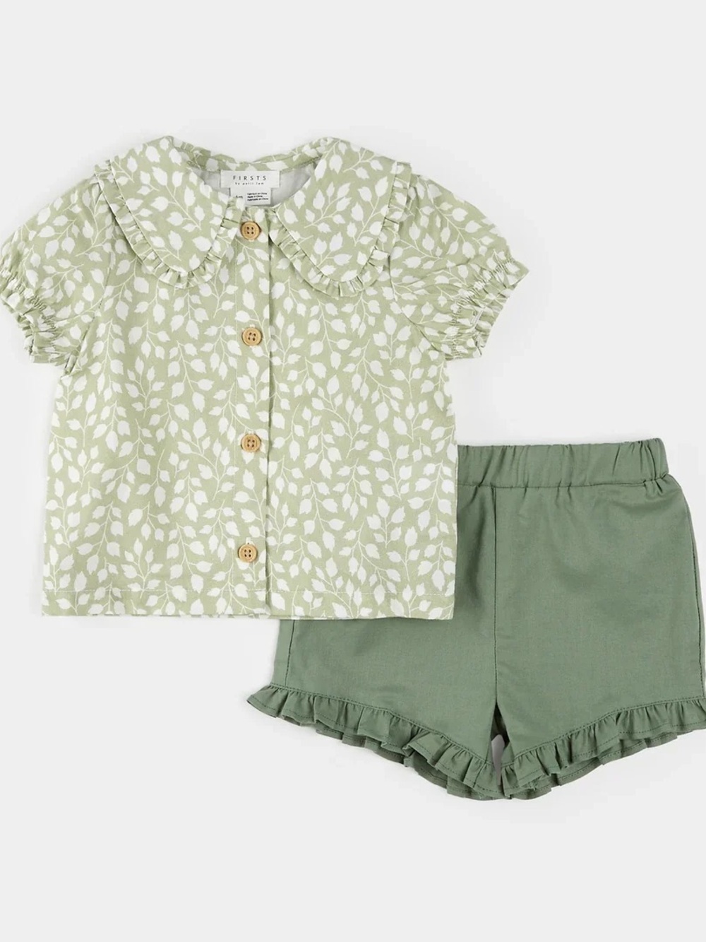 Petit Lem Beige Leaf Button-Front Top with Green Ruffle Shorts